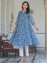 Women's Blue Chiffon Lurex Floral Printed A-line Kurta