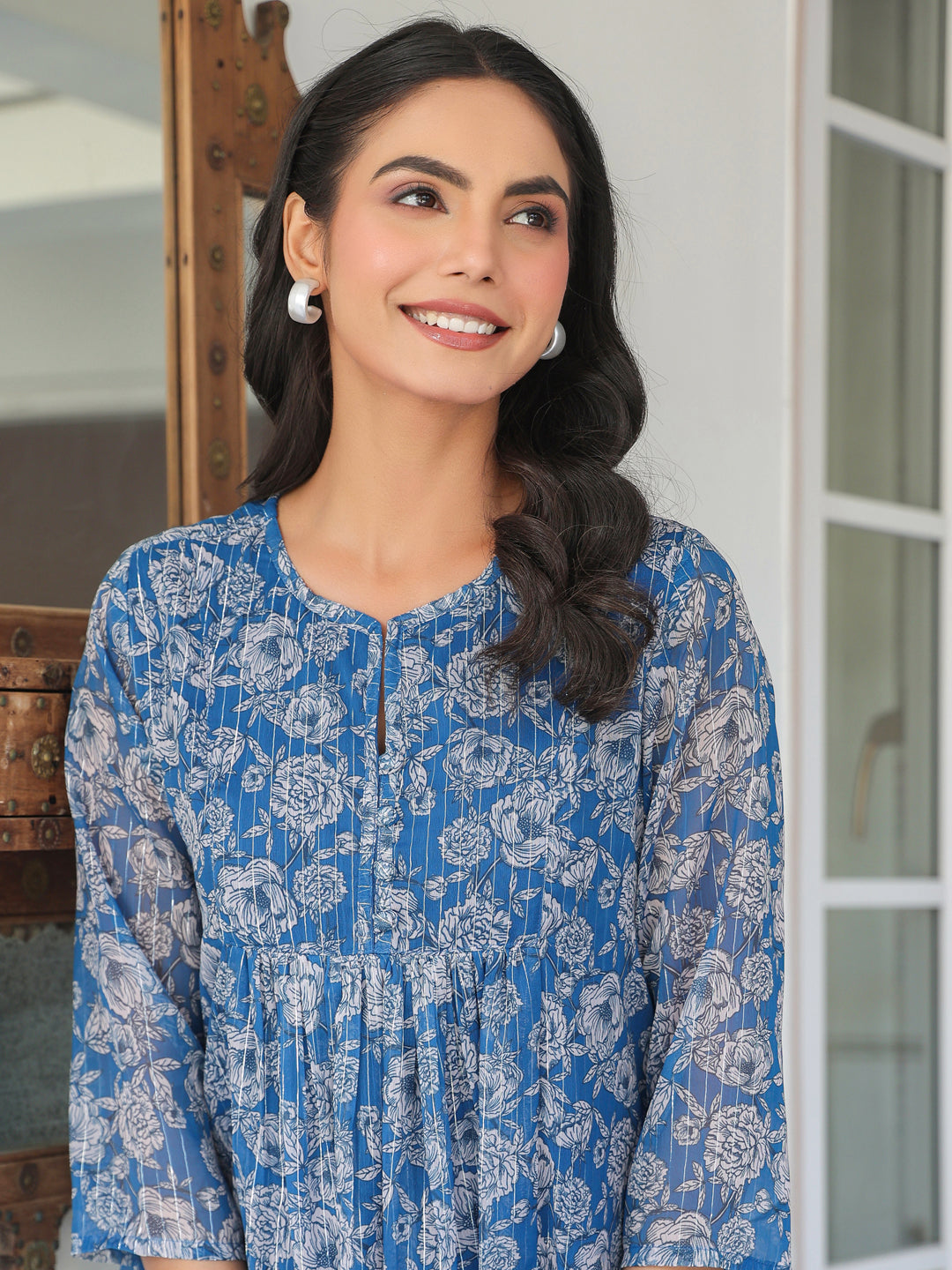 Women's Blue Chiffon Lurex Floral Printed A-line Kurta