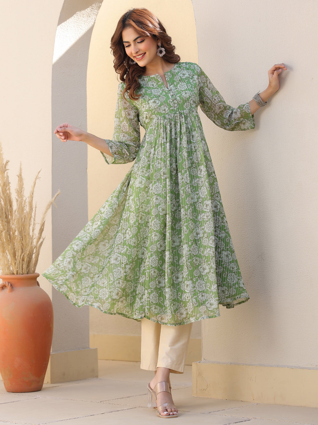 Women's Green Chiffon Lurex Floral Printed A-line Kurta