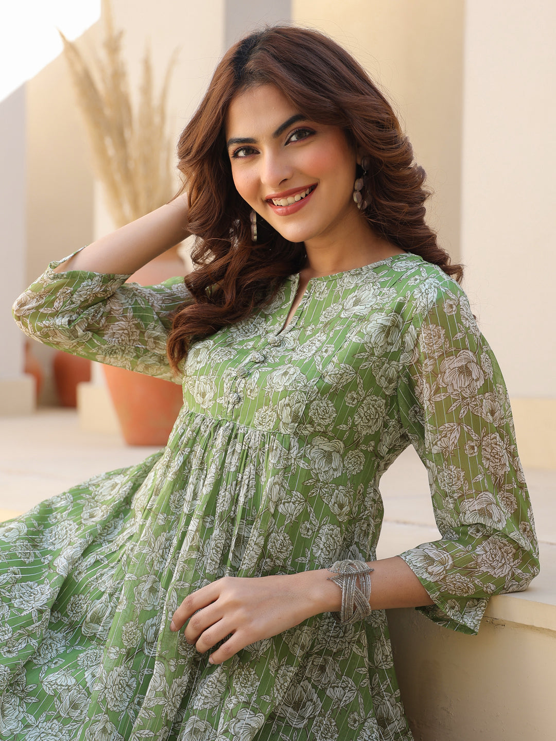Women's Green Chiffon Lurex Floral Printed A-line Kurta