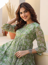 Women's Green Chiffon Lurex Floral Printed A-line Kurta