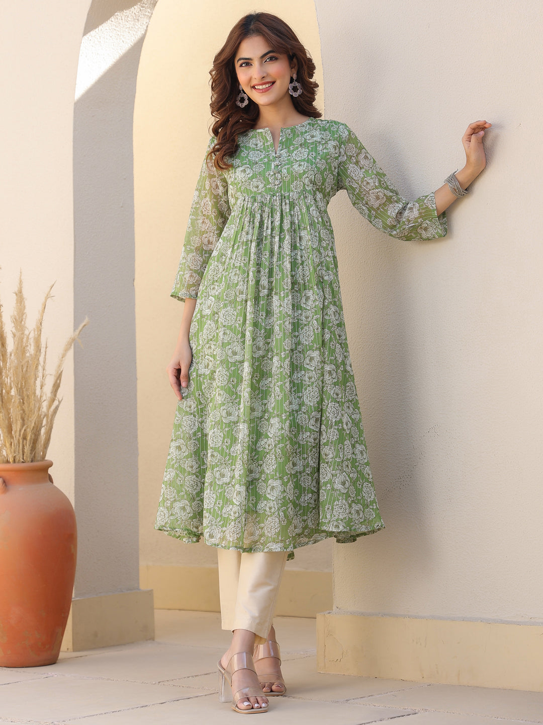 Women's Green Chiffon Lurex Floral Printed A-line Kurta