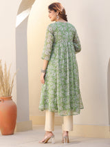 Women's Green Chiffon Lurex Floral Printed A-line Kurta