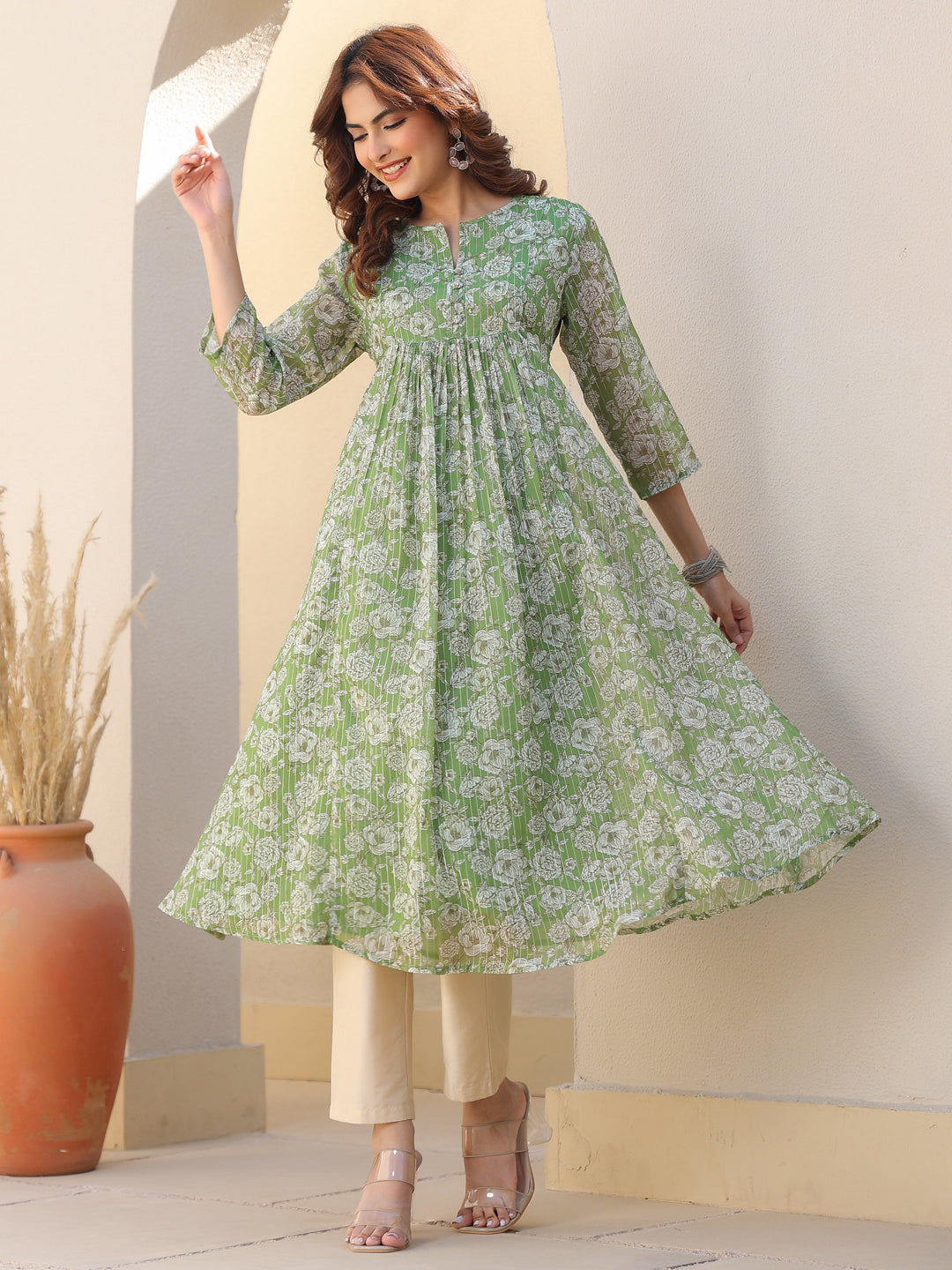 Women's Green Chiffon Lurex Floral Printed A-line Kurta
