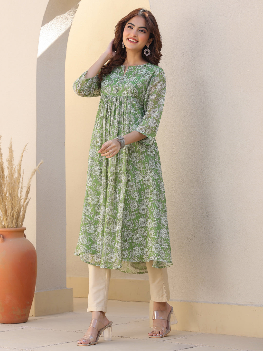 Women's Green Chiffon Lurex Floral Printed A-line Kurta