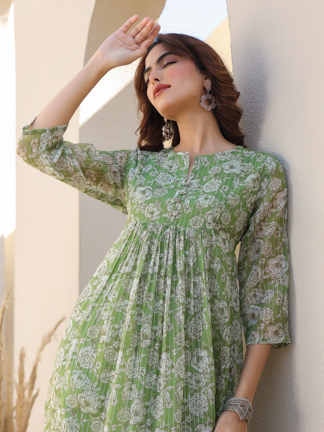 Women's Green Chiffon Lurex Floral Printed A-line Kurta