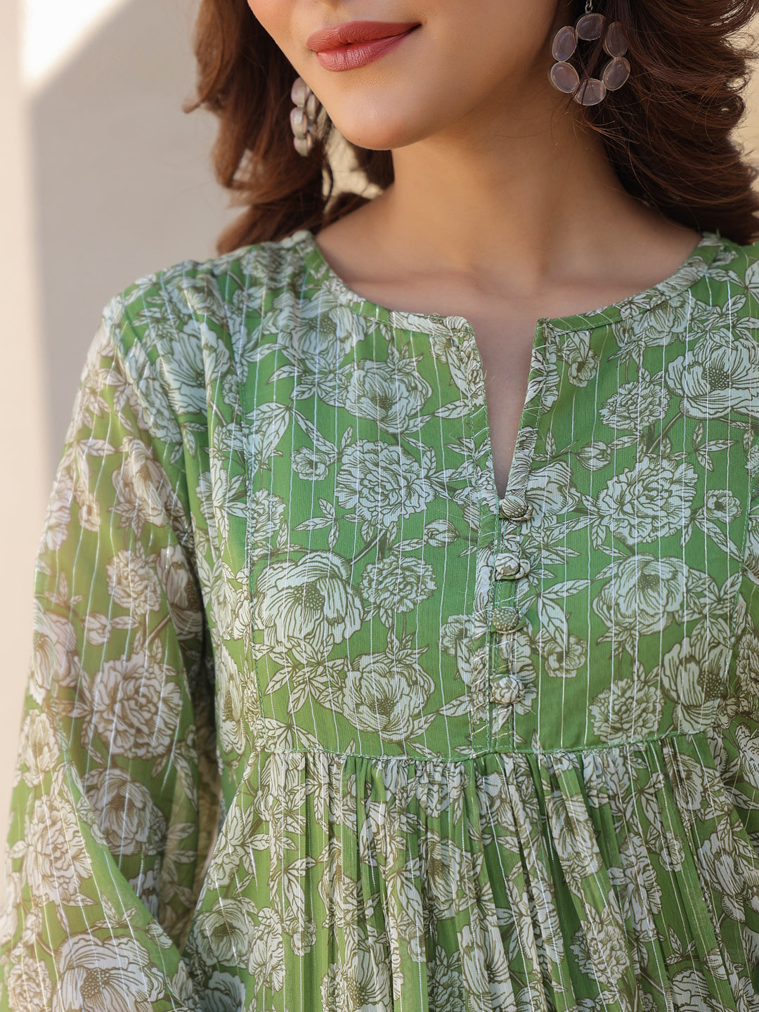 Women's Green Chiffon Lurex Floral Printed A-line Kurta