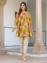 Mustard Pure Cotton Floral Printed A-line Tunic