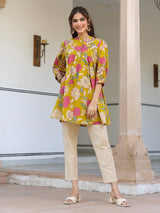 Mustard Pure Cotton Floral Printed A-line Tunic