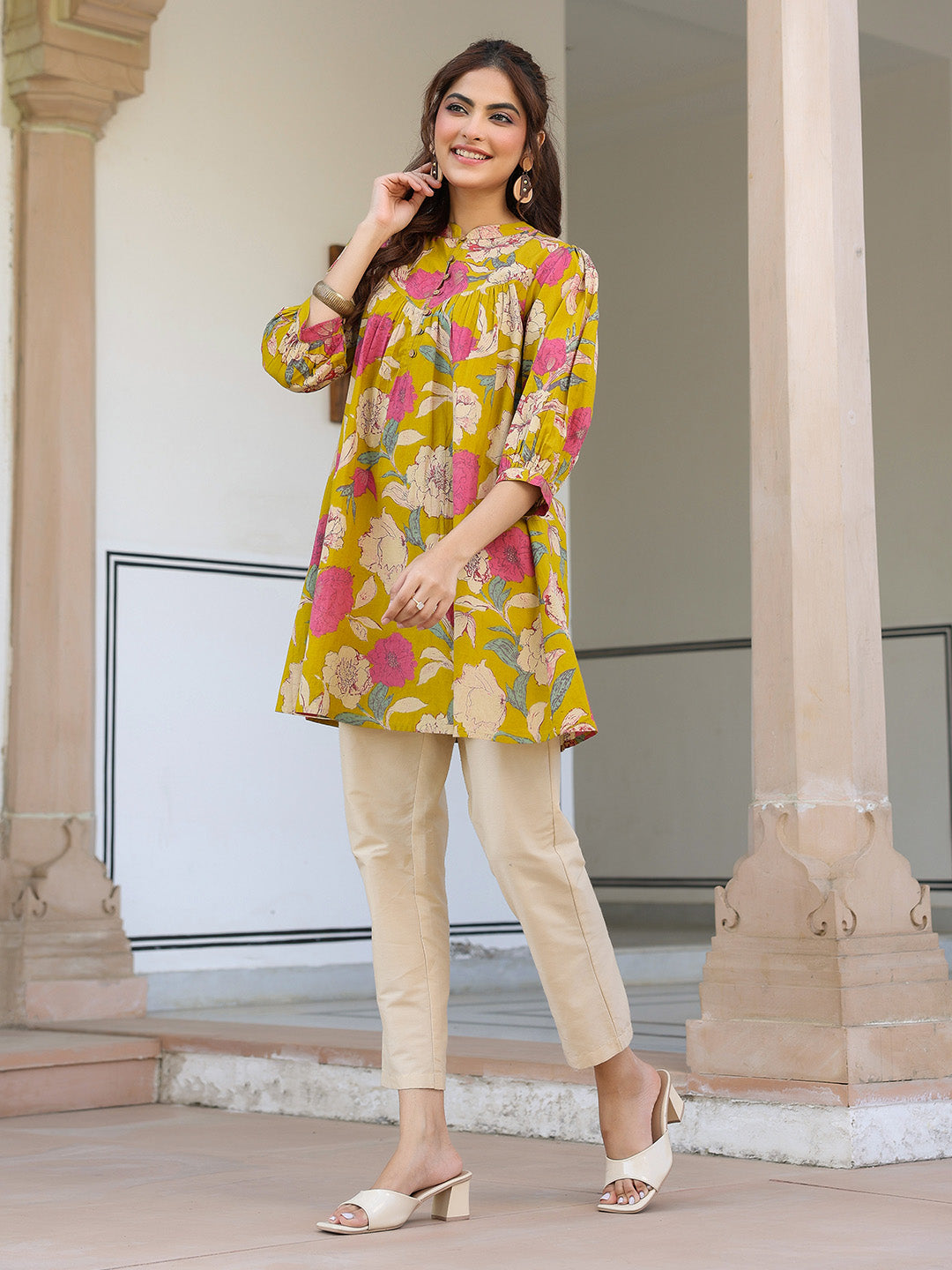 Mustard Pure Cotton Floral Printed A-line Tunic