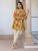 Mustard Pure Cotton Floral Printed A-line Tunic