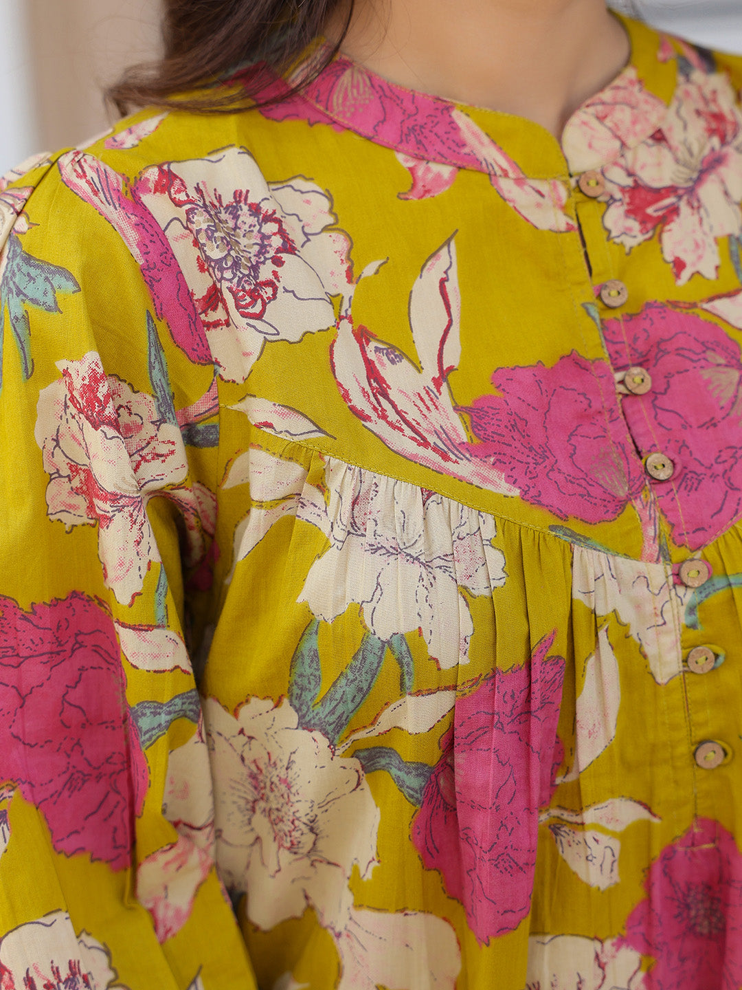 Mustard Pure Cotton Floral Printed A-line Tunic