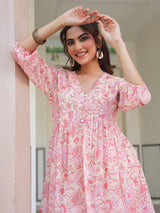 Peach Georgette Floral Printed Gathered Tunic