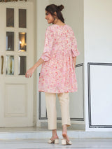 Peach Georgette Floral Printed Gathered Tunic