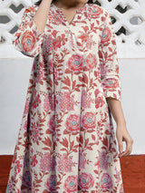 Off White Pure Cotton Floral Printed A-line Tunic