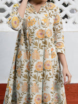 Off White Pure Cotton Floral Printed A-line Tunic