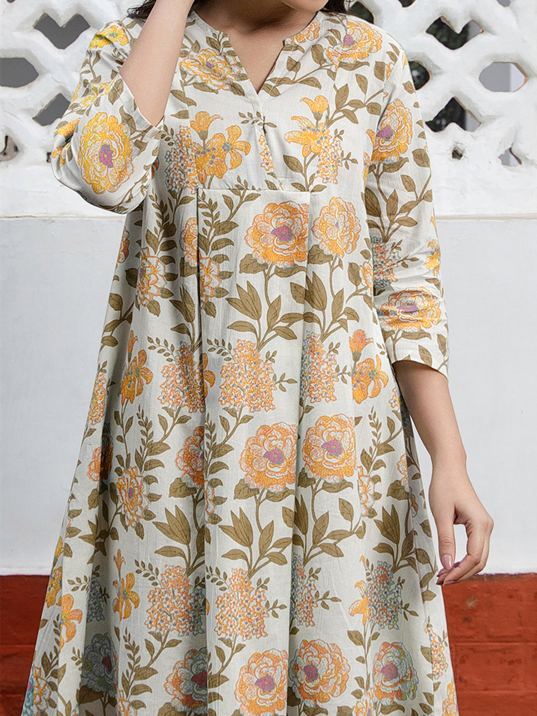 Off White Pure Cotton Floral Printed A-line Tunic