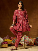 Women's Maroon Pure Cotton Ethnic Motifs Printed Peplum Co-ord Set