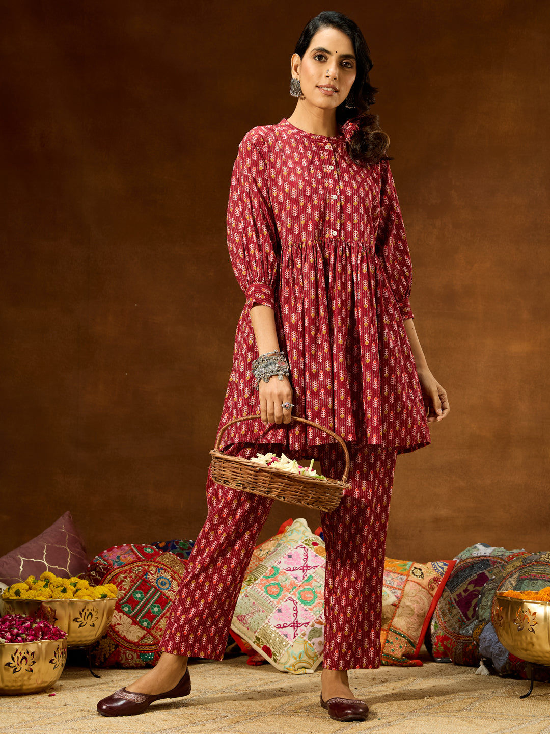 Women's Maroon Pure Cotton Ethnic Motifs Printed Peplum Co-ord Set