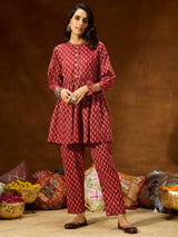 Women's Maroon Pure Cotton Ethnic Motifs Printed Peplum Co-ord Set