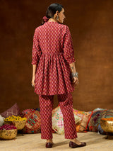 Women's Maroon Pure Cotton Ethnic Motifs Printed Peplum Co-ord Set