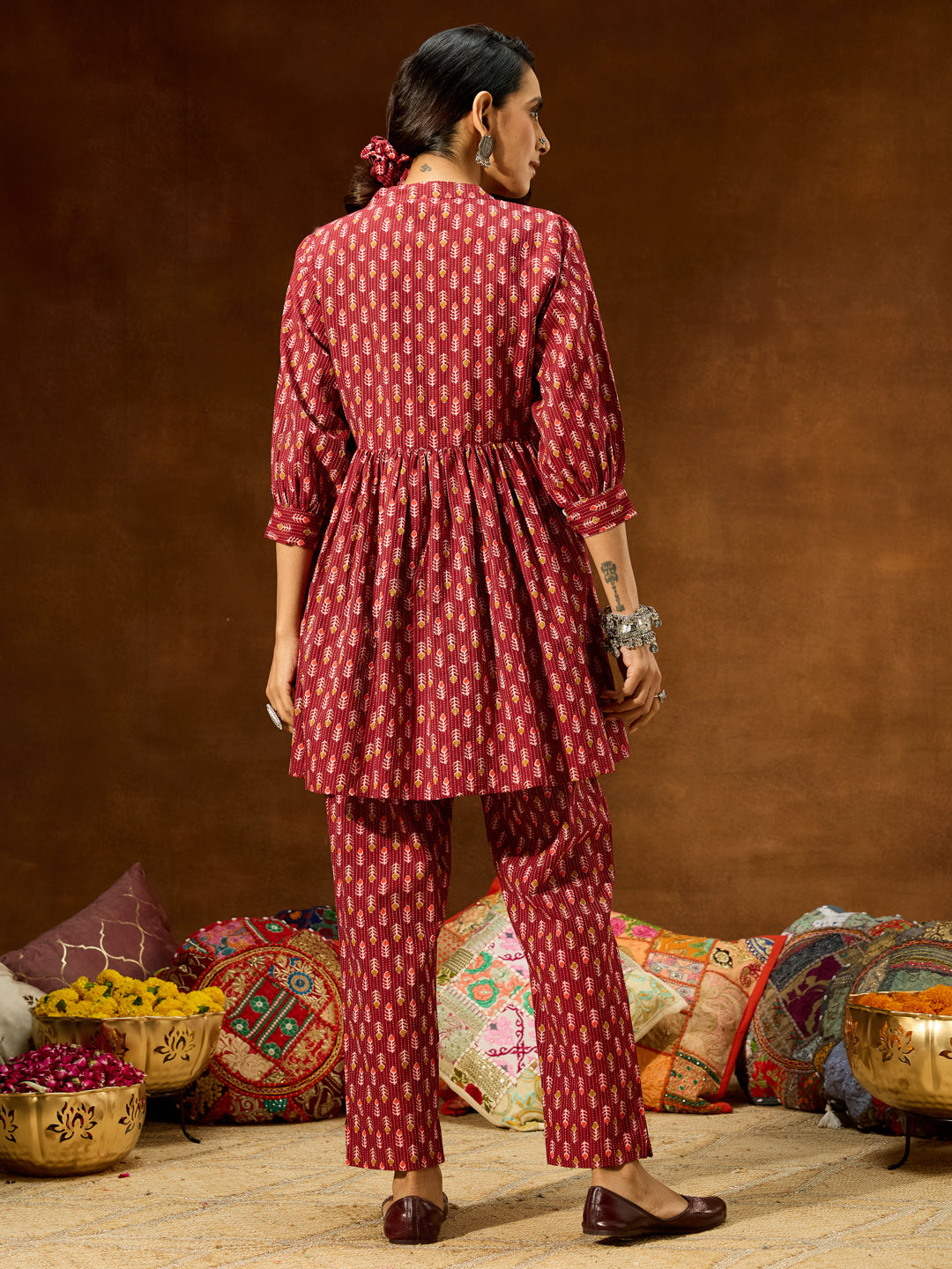 Women's Maroon Pure Cotton Ethnic Motifs Printed Peplum Co-ord Set