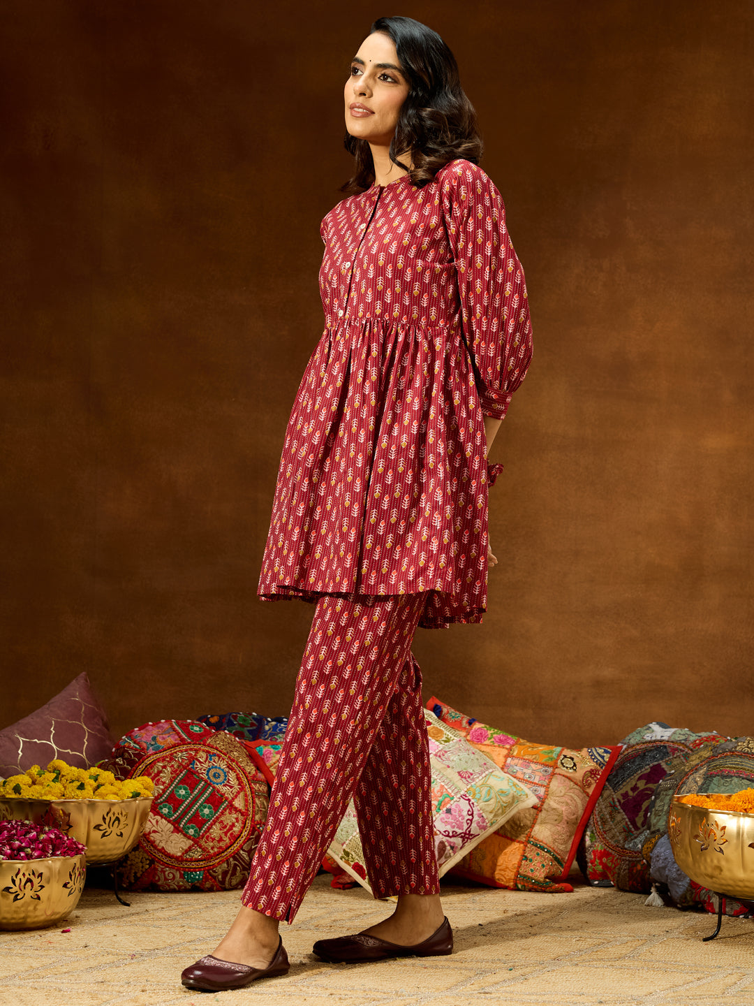 Women's Maroon Pure Cotton Ethnic Motifs Printed Peplum Co-ord Set