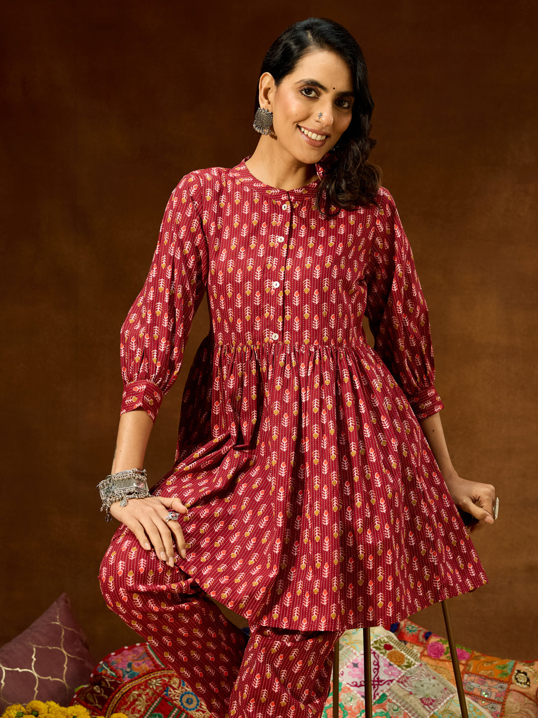 Women's Maroon Pure Cotton Ethnic Motifs Printed Peplum Co-ord Set