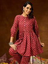 Women's Maroon Pure Cotton Ethnic Motifs Printed Peplum Co-ord Set