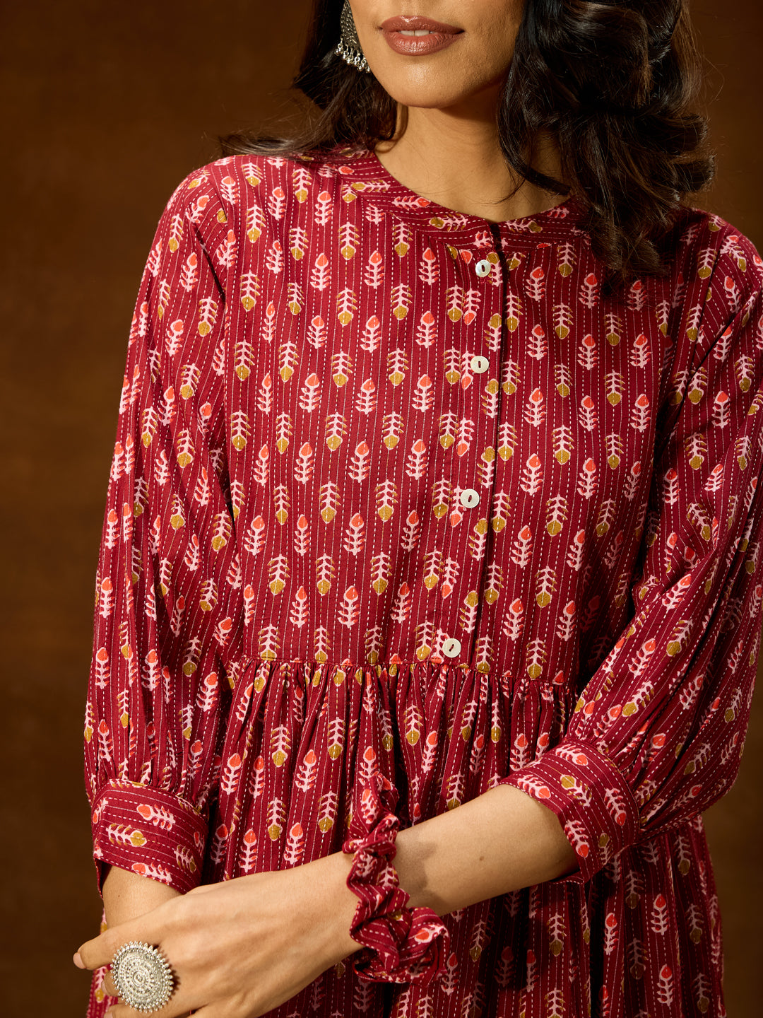 Women's Maroon Pure Cotton Ethnic Motifs Printed Peplum Co-ord Set