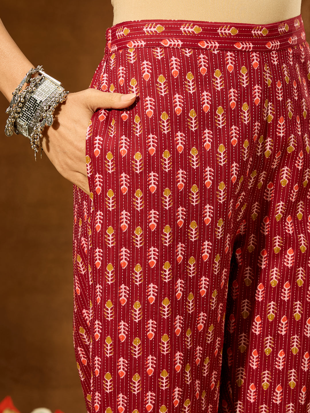 Women's Maroon Pure Cotton Ethnic Motifs Printed Peplum Co-ord Set