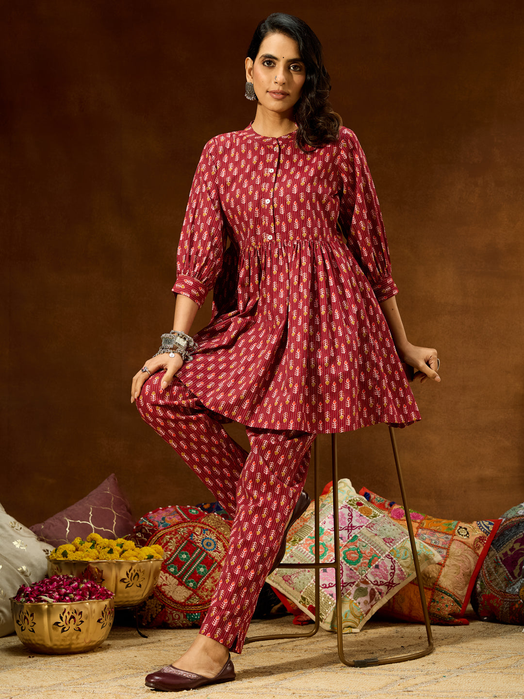 Women's Maroon Pure Cotton Ethnic Motifs Printed Peplum Co-ord Set