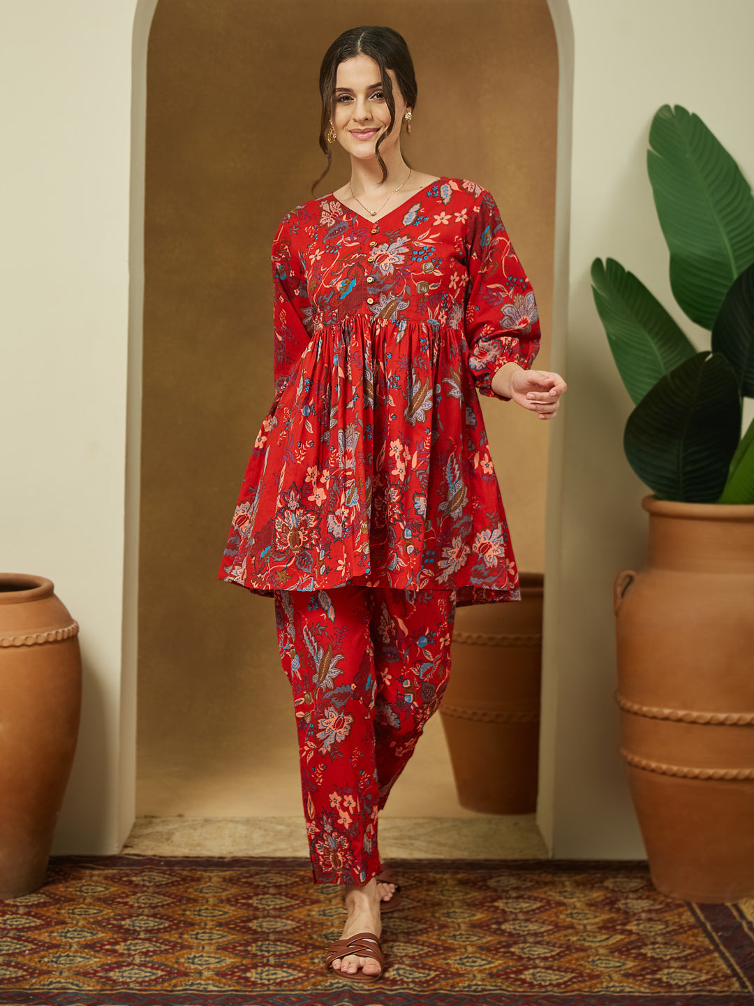 Women's Red Pure Cotton Floral Printed Peplum Co-ord Set