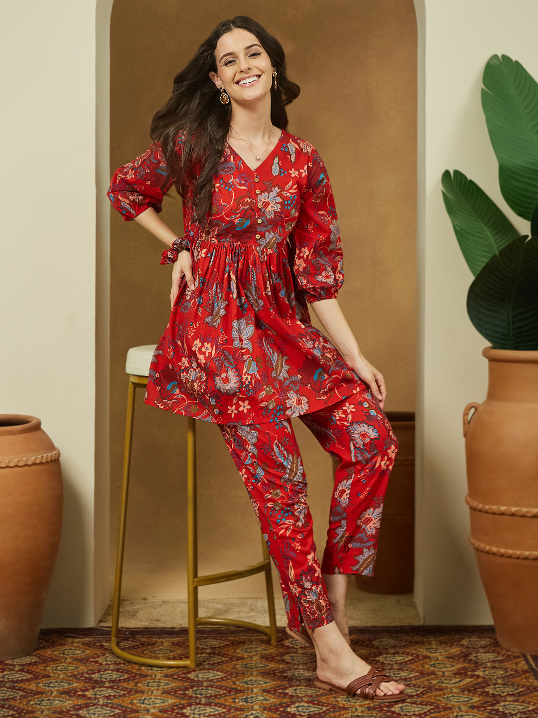Women's Red Pure Cotton Floral Printed Peplum Co-ord Set
