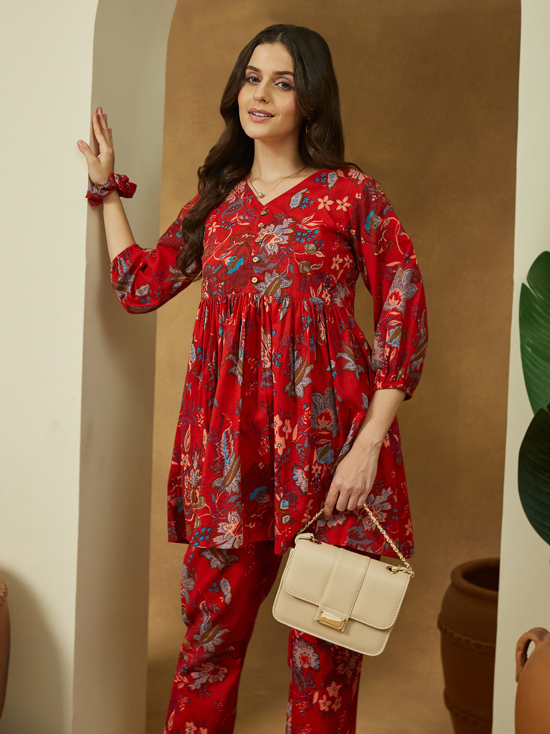 Women's Red Pure Cotton Floral Printed Peplum Co-ord Set
