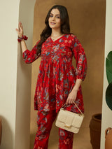 Women's Red Pure Cotton Floral Printed Peplum Co-ord Set