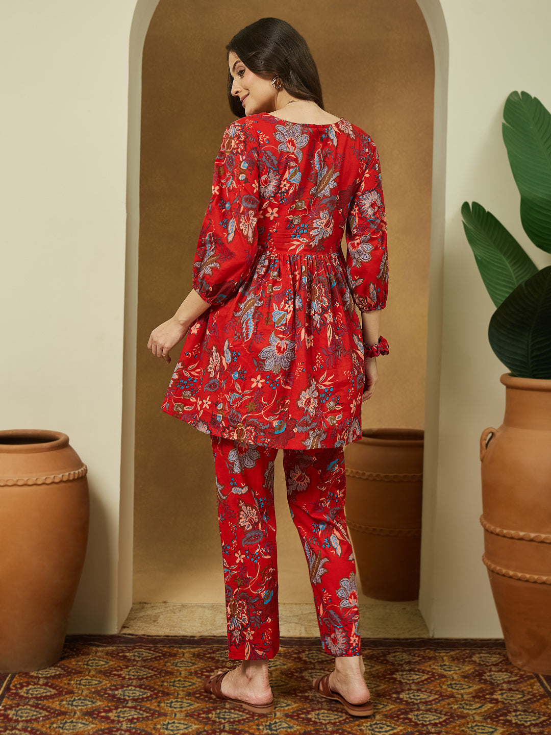 Women's Red Pure Cotton Floral Printed Peplum Co-ord Set