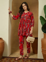 Women's Red Pure Cotton Floral Printed Peplum Co-ord Set