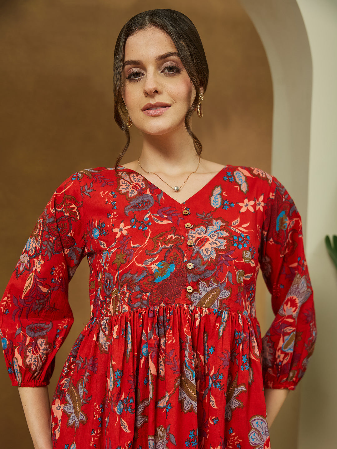Women's Red Pure Cotton Floral Printed Peplum Co-ord Set