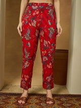 Women's Red Pure Cotton Floral Printed Peplum Co-ord Set