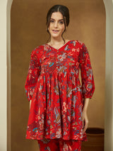 Women's Red Pure Cotton Floral Printed Peplum Co-ord Set