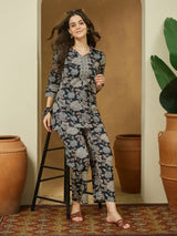 Women's Black Pure Cotton Floral Printed Straight Co-ord Set