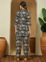 Women's Black Pure Cotton Floral Printed Straight Co-ord Set
