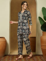 Women's Black Pure Cotton Floral Printed Straight Co-ord Set