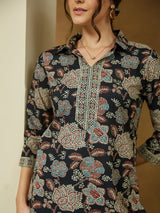 Women's Black Pure Cotton Floral Printed Straight Co-ord Set