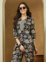 Women's Black Pure Cotton Floral Printed Straight Co-ord Set