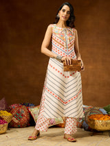 Women's Cream Cotton Blend Floral Printed Straight Co-ord Set