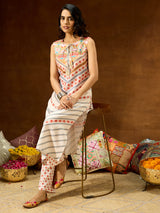 Women's Cream Cotton Blend Floral Printed Straight Co-ord Set