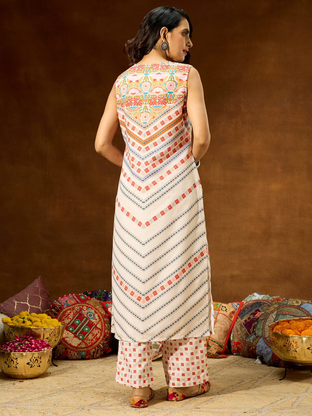 Women's Cream Cotton Blend Floral Printed Straight Co-ord Set