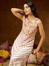 Women's Cream Cotton Blend Floral Printed Straight Co-ord Set